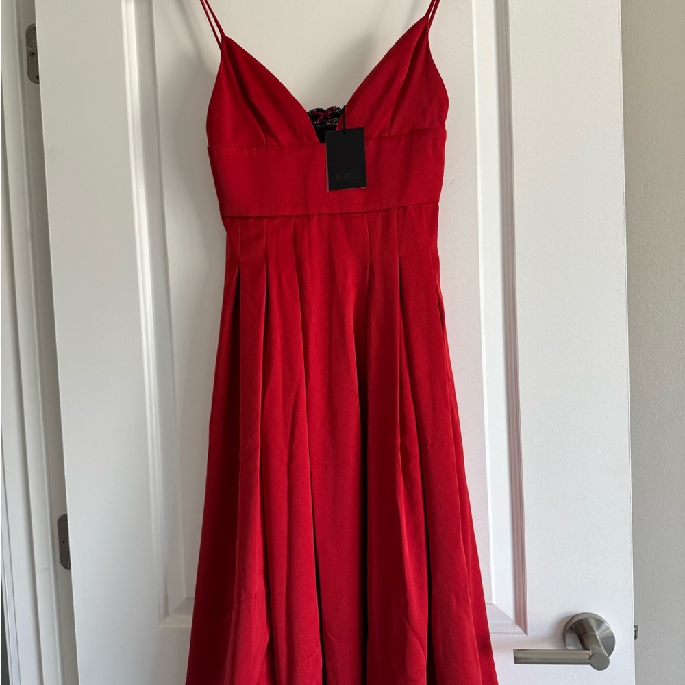 NBD Red Pleated Sundress with Spaghetti Straps